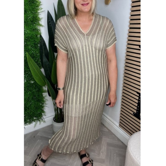 Floris Lurex Crochet Knit Maxi Dress NWT in Sage Gold Metallic Made in Italy - Picture 7 of 15